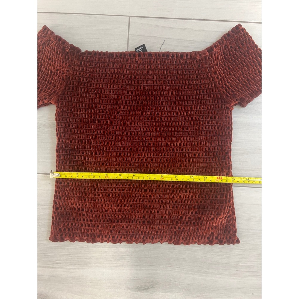 Retro Y2K Smocked Crop Top Rust Orange Velvet Short Sleeve Sz XS Festival Party - Picture 6 of 6